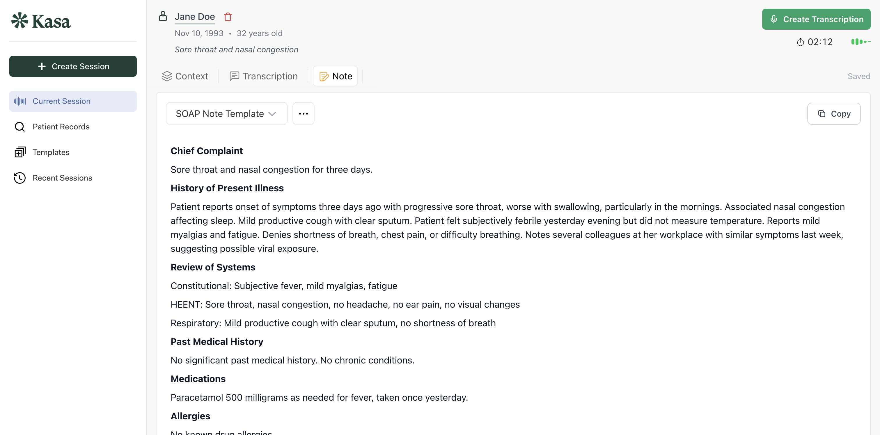 KasaMD application interface showing medical voice dictation and clinical documentation